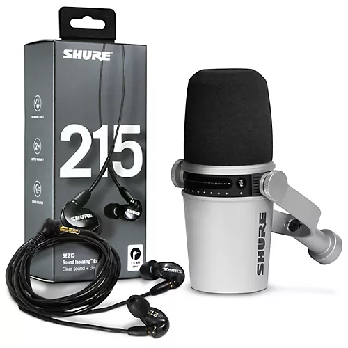 Shure MV7-S USB Microphone and SE215 Earphones Content Creator Bundle Clear