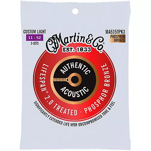 Martin Authentic Acoustic Lifespan 2.0 Custom Light Phosphor Bronze Guitar Strings 3-Pack 11 - 52
