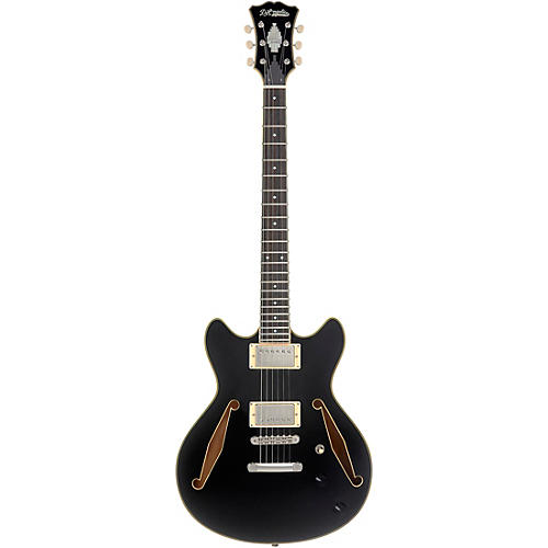 D'Angelico Excel Mini DC Tour Semi-Hollow Electric Guitar With Supro Bolt Bucker Pickups and Stopbar Tailpiece Solid Black