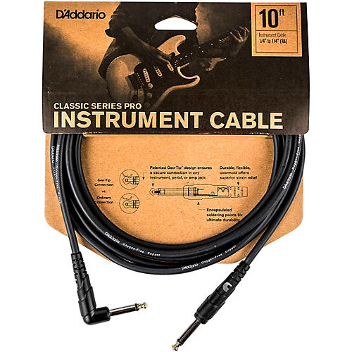D'Addario Classic Pro Series Instrument Cable, Right Angle Plug -10 ft. - 2-Pack
