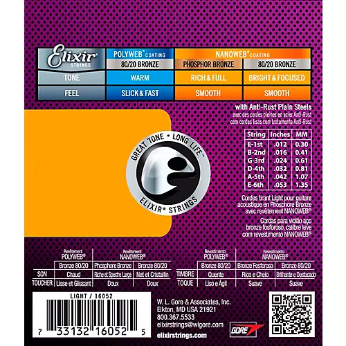 Elixir Phosphor Bronze Acoustic Guitar Strings With NANOWEB Coating, Light (.012-.053)