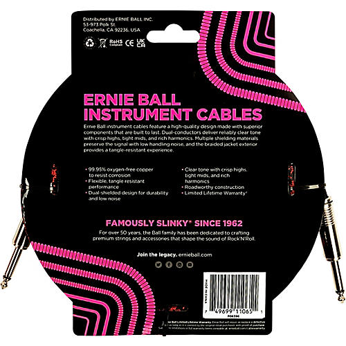 Ernie Ball Braided Straight to Straight Instrument Cable, 2-Pack 18 ft. Red/Black