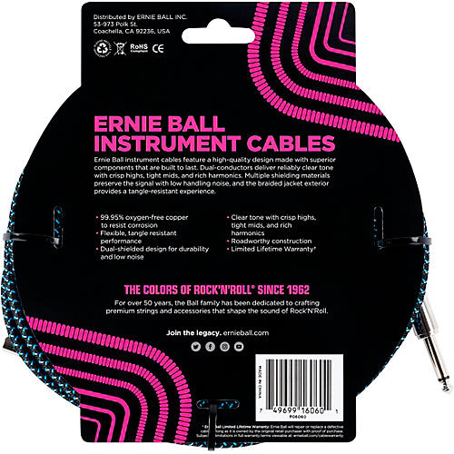Ernie Ball 25 FT Straight to Angle Instrument Cable Black/Black