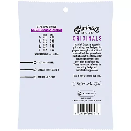 Martin M175 Original 80/20 Custom Light Acoustic Guitar Strings Custom Light (11-52)