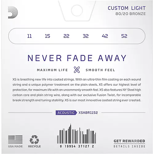 D'Addario XS Acoustic 80/20 Bronze Coated Guitar Strings Light Top/Medium Bottom (12-56)