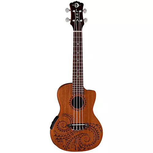 Luna Tattoo Mahogany Concert Acoustic-Electric Ukulele Mahogany with Tattoo Laser Etching and Satin Finish