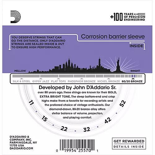 D'Addario EJ13-3D 80/20 Bronze Custom Light Acoustic Guitar Strings 3-Pack