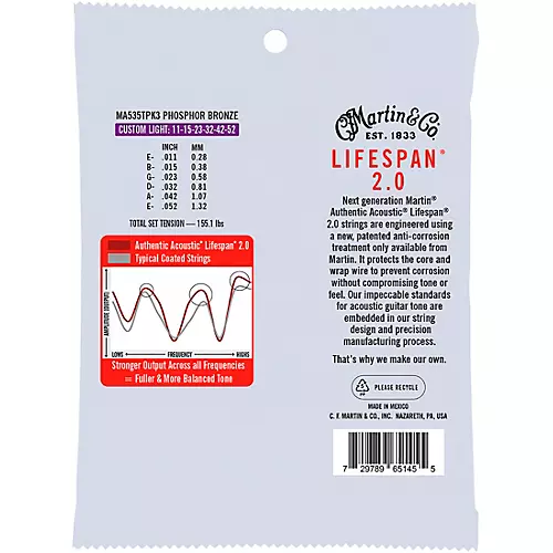 Martin Authentic Acoustic Lifespan 2.0 Custom Light Phosphor Bronze Guitar Strings 3-Pack 11 - 52