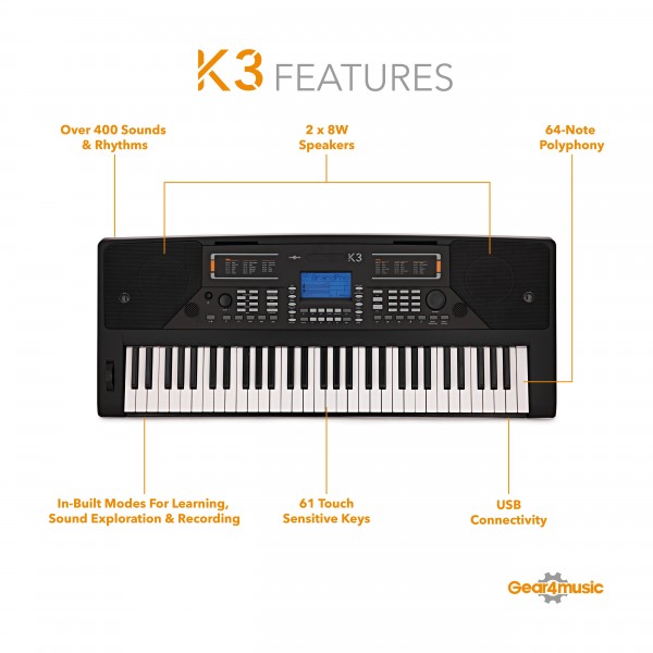 K3 61-Note Keyboard by Gear4music, Headphone Pack
