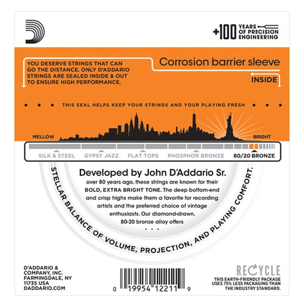 D'Addario EJ10 80/20 Bronze Acoustic Strings, Extra Light, 10-47