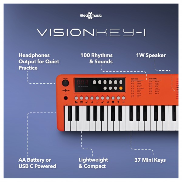 VISIONKEY-1 37 Key Portable Mini Keyboard with Headphones, Orange