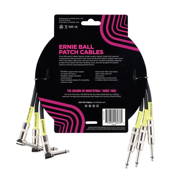Ernie Ball P06076 1.5ft Straight-Angle Patch Cable 3 Pack, Black
