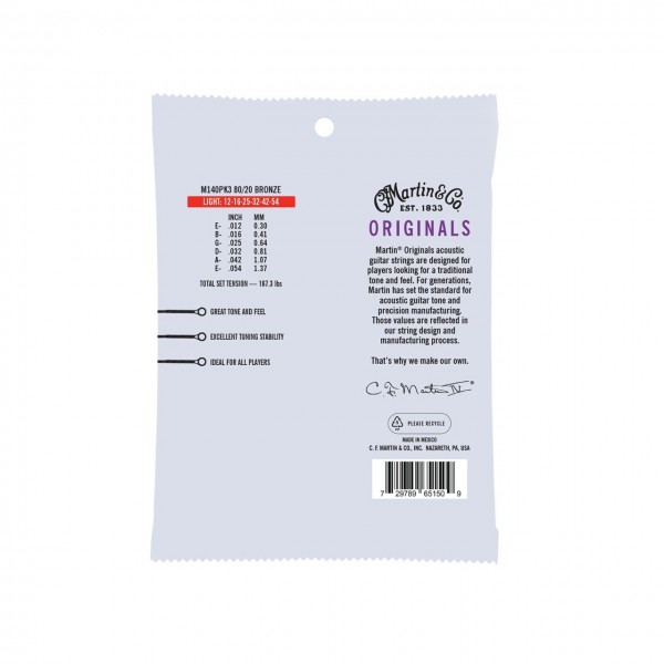 Martin M140PK3 Original 80/20 Acoustic Strings, 12-54, 3 Pack