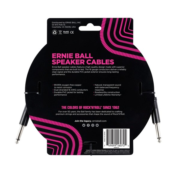 Ernie Ball P06072 6ft Straight-Straight Speaker Cable, Black
