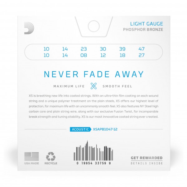 D'Addario XSAPB1047-12 Acoustic Phosphor Bronze, Light, 12-Str, 10-47