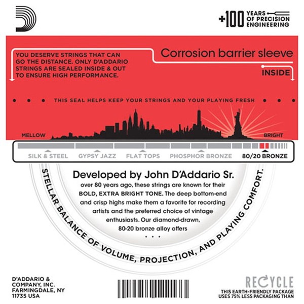 D'Addario EJ12 80/20 Bronze Acoustic Guitar Strings, Medium, 13-56