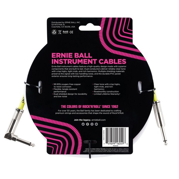 Ernie Ball P06049 10ft Straight-Angle Instrument Cable, White
