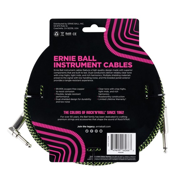 Ernie Ball 6066 25ft Straight-Angle Instrument Cable, Black/Green
