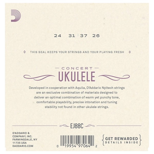 D'Addario EJ88C Nyltech Ukulele, Concert