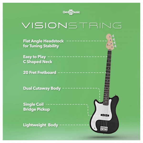 VISIONSTRING Left Handed Bass Guitar Pack, Black