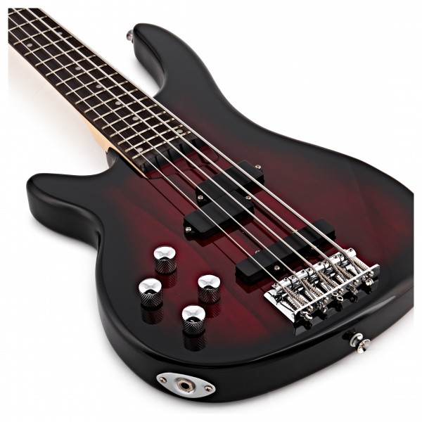 Chicago 5 String Left Handed Bass Guitar by Gear4music, Trans Red