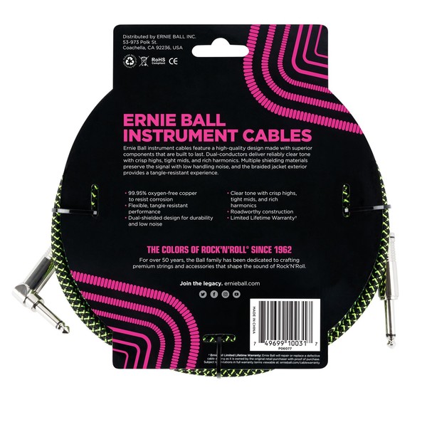 Ernie Ball 6077 10ft Straight-Angle Instrument Cable, Black/Green