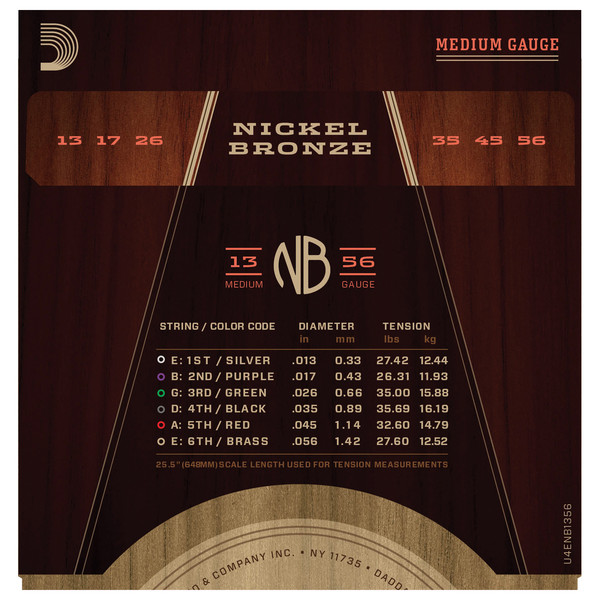 D'Addario NB1356 Nickel Bronze Acoustic Guitar Strings Medium 13-56