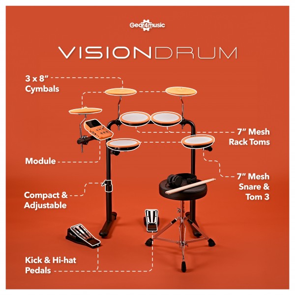 VISIONDRUM Electronic Drum Kit with Stool and Headphones, Orange