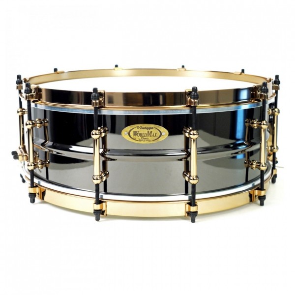 WorldMax 14" X 5" Black Brass Snare & Ahead Case, Aztec Gold Hoops
