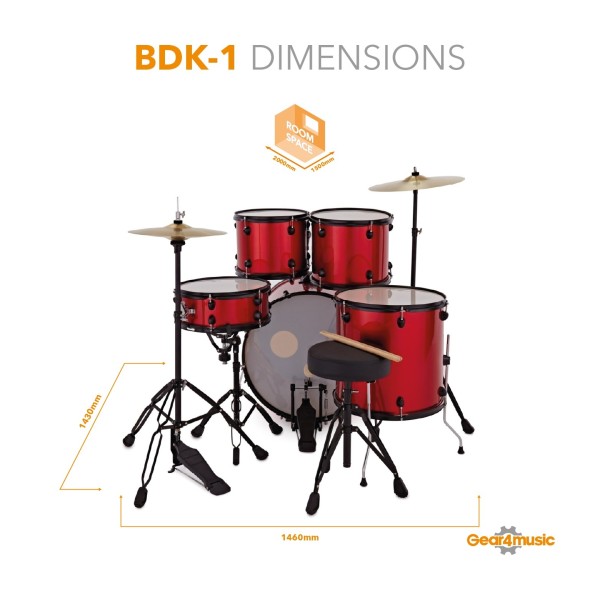 BDK-1plus Full Size Starter Drum Kit by Gear4music, Red