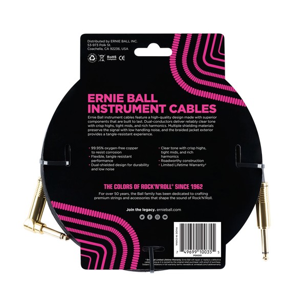 Ernie Ball P06081 10ft Straight-Angle Braided Cable, Black/Gold