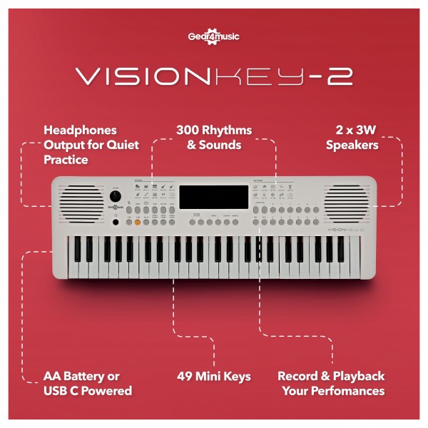 VISIONKEY-2 49 Key Portable Keyboard White, Headphones Pack