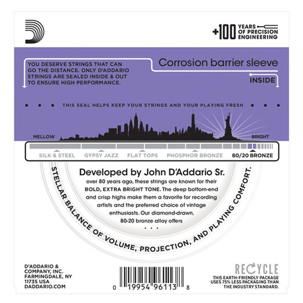 D'Addario EJ13 80/20 Bronze Acoustic Strings, Custom Light, 11-52