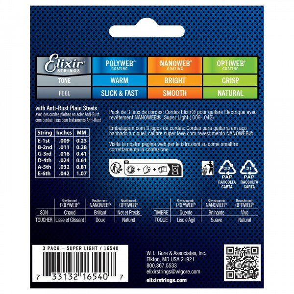 Elixir 16540 NANOWEB Guitar Strings 3 Pack, 9-42