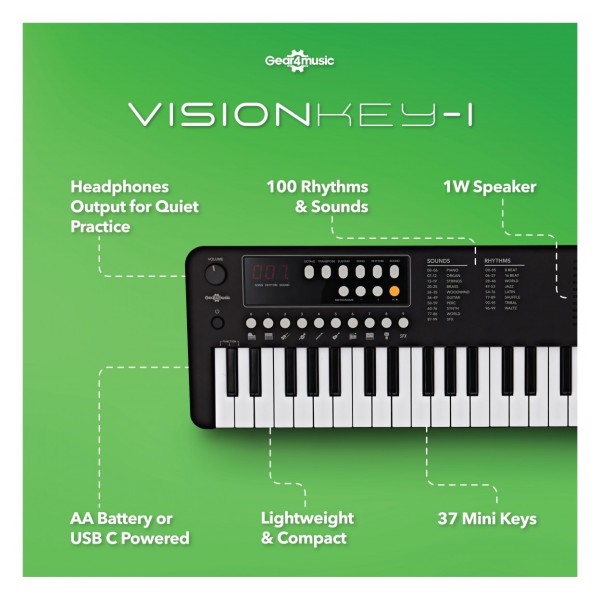 VISIONKEY-1 Portable 37-Key Mini Electric Keyboard Piano for Kids & Beginners, USB-C