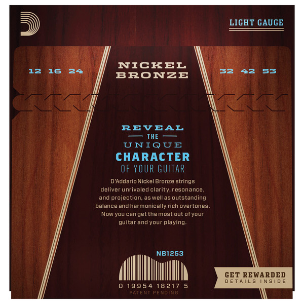 D'Addario NB1253 Nickel Bronze Acoustic Guitar Strings, Light, 12-53