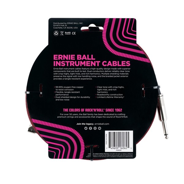 Ernie Ball P06062 25ft Straight-Angle Braided Instrument Cable, Red