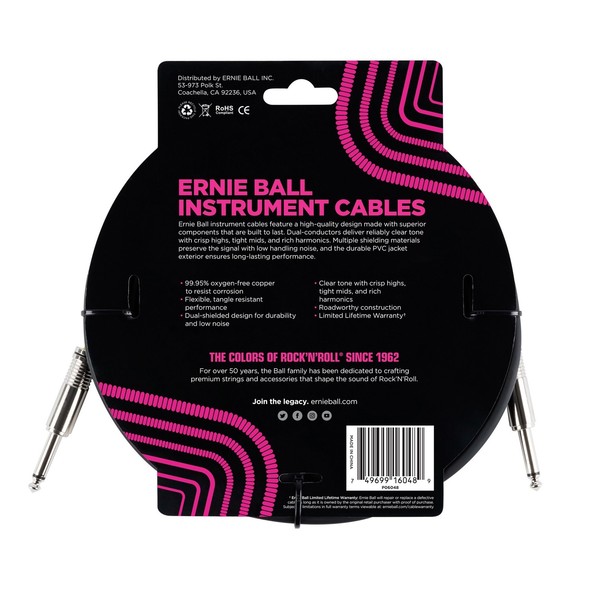 Ernie Ball P06048 10ft Straight-Straight Instrument Cable, Black