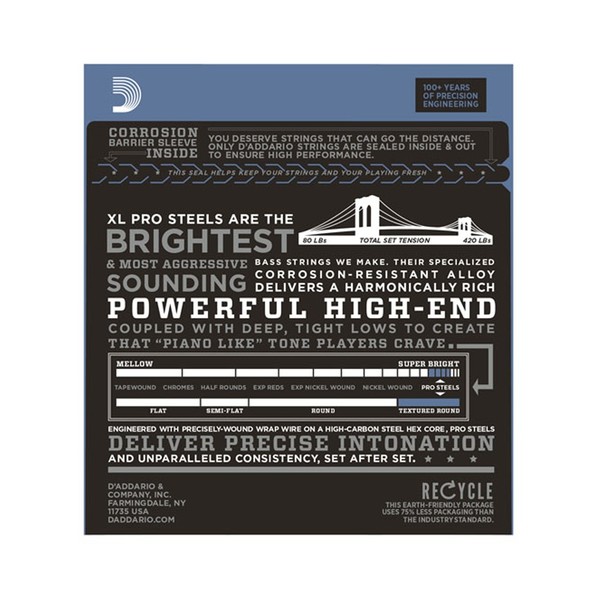 D'Addario EPS165 ProSteels Bass Guitar Strings, Custom Light, 45-105