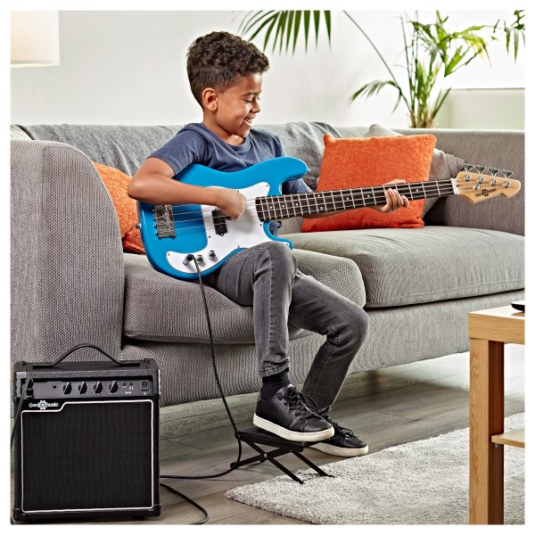 3/4 LA Bass Guitar Blue, 15W Bass Amp Pack