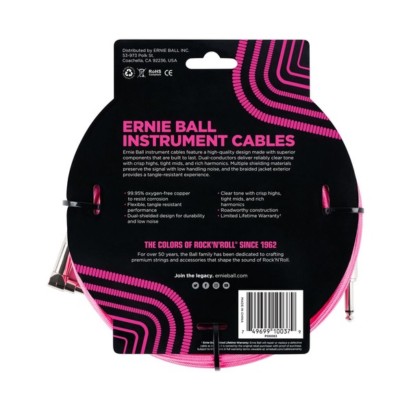 Ernie Ball P06083 18ft Straight-Angle Braided Cable, Neon Pink