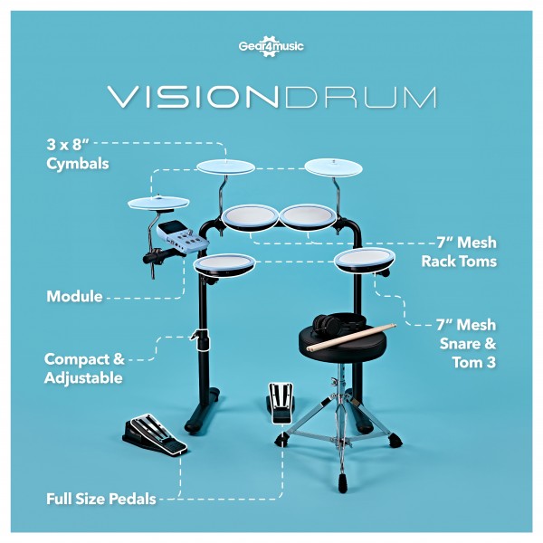 VISIONDRUM Electronic Drum Kit with Stool and Headphones, Blue
