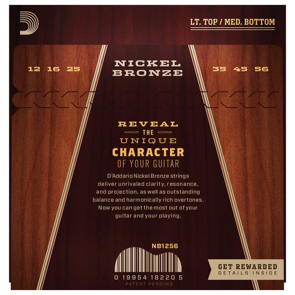 D'Addario NB1256 Nickel Bronze Strings Light Top Med Bottom, 12-56