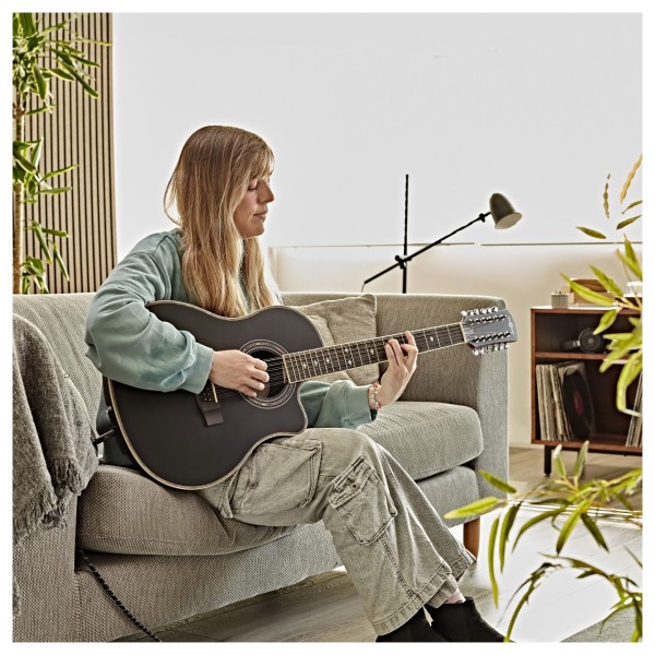 12 String Electro Acoustic Roundback Guitar by Gear4music, Black