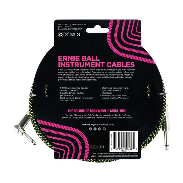 Ernie Ball P06082 18ft Straight-Angle Braided Cable, Black/Green