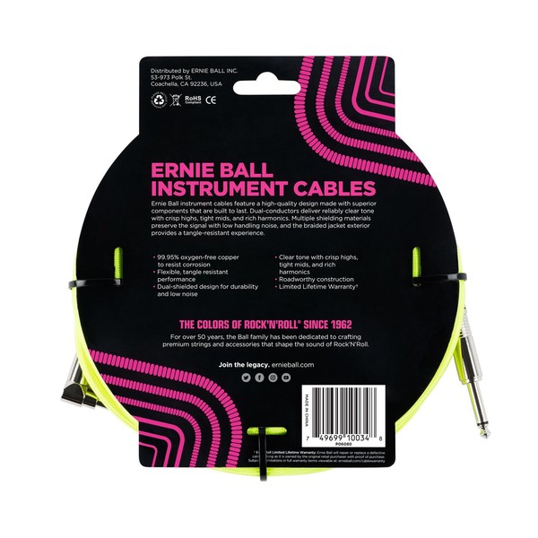 Ernie Ball P06080 10ft Straight-Angle Braided Cable, Yellow