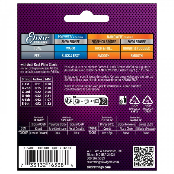 Elixir 80/20 Nanoweb Acoustic Strings 3 Pack, 11-52