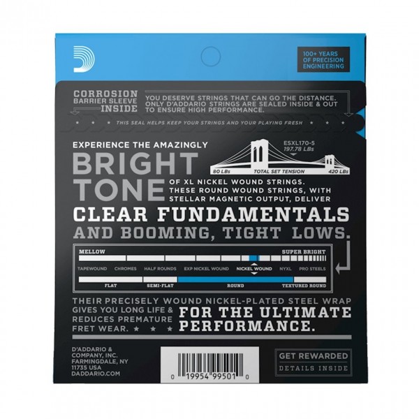 D'Addario EXL170-5 5 String Bass Guitar Strings, Light 45-130, Long