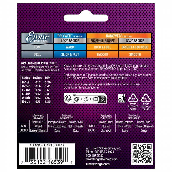 Elixir 80/20 Nanoweb Acoustic Strings 3 Pack, 12-53