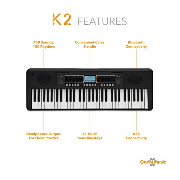 K2 61-Note Keyboard with Bluetooth by Gear4music, Headphone Pack